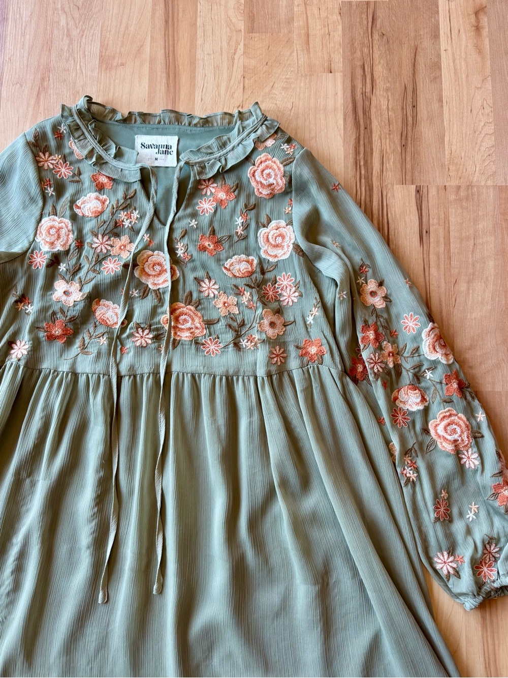 Savanna Jane Olive Green Floral Embroidered Long-Sleeve Tunic Dress - Picture 3 of 7